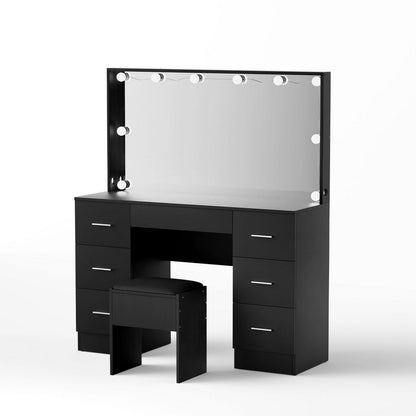 Artiss Dressing Table Vanity Desk Set Stool 10 Led Bulbs Black FUR-T-DRESS07-LED-BK-ABC