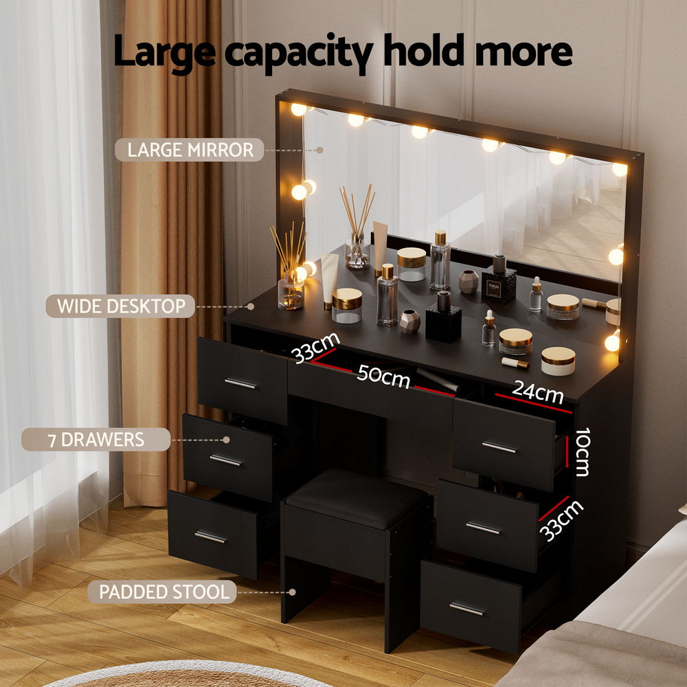 Artiss Dressing Table Vanity Desk Set Stool 10 Led Bulbs Black FUR-T-DRESS07-LED-BK-ABC