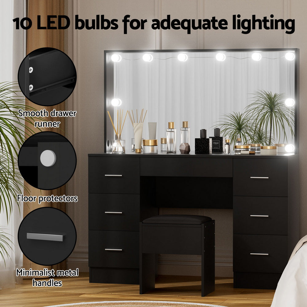 Artiss Dressing Table Vanity Desk Set Stool 10 Led Bulbs Black FUR-T-DRESS07-LED-BK-ABC