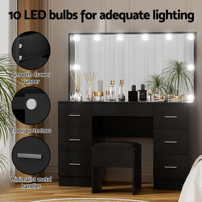 Artiss Dressing Table Vanity Desk Set Stool 10 Led Bulbs Black FUR-T-DRESS07-LED-BK-ABC