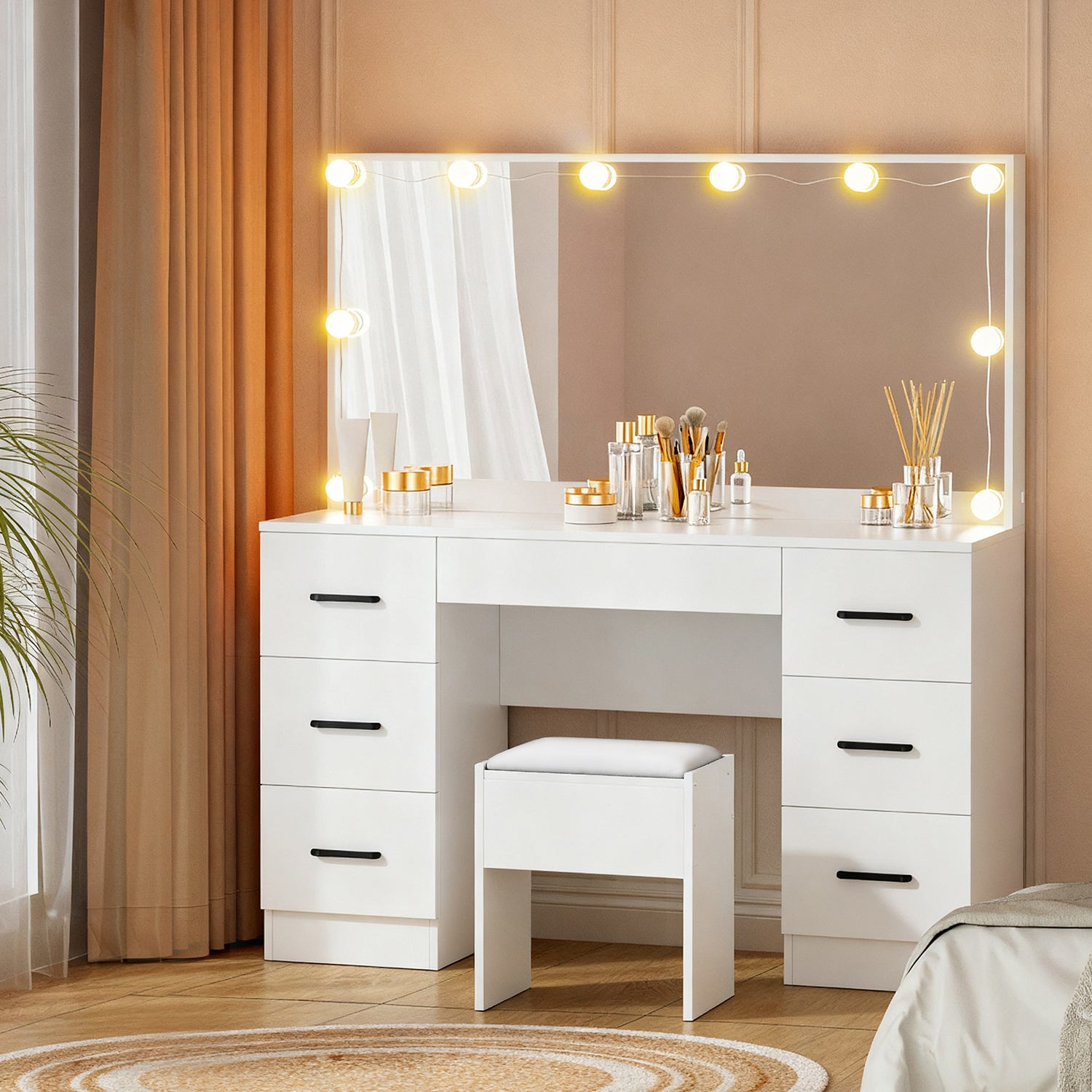 Artiss Dressing Table Set Stool 10 Led Bulbs White Debbie FUR-T-DRESS07-LED-WH-ABC