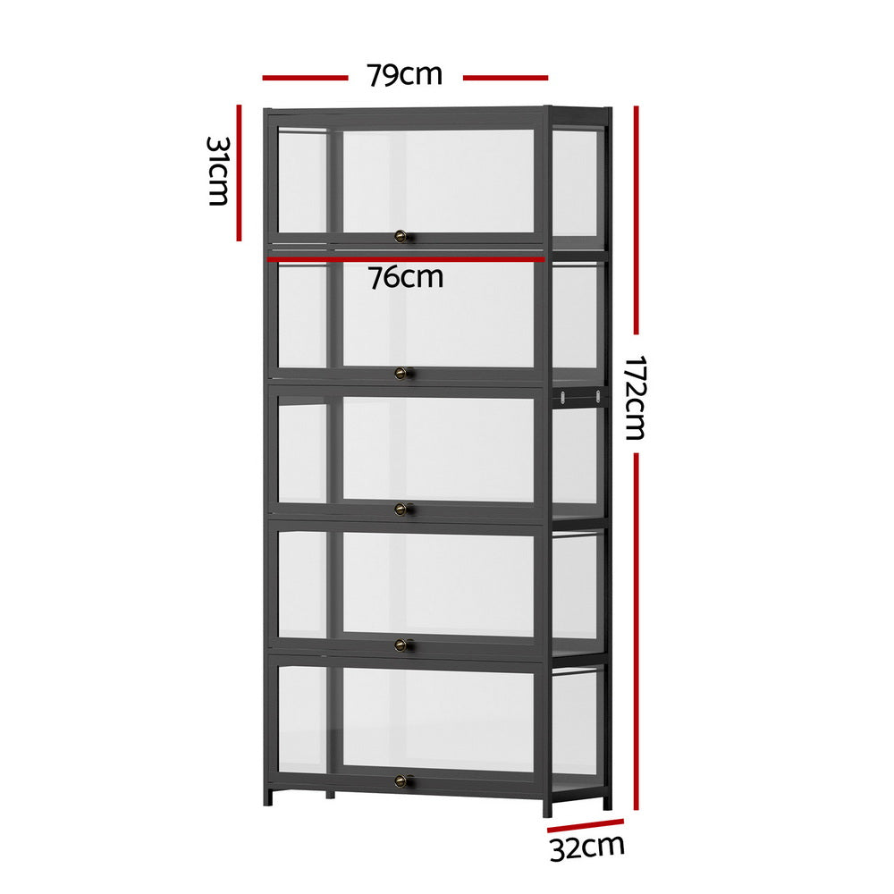 Artiss 5-Tier Display Cabinet Storage Bookshelf Clear Shelf Black FUR-T-DSHELF-03-BK
