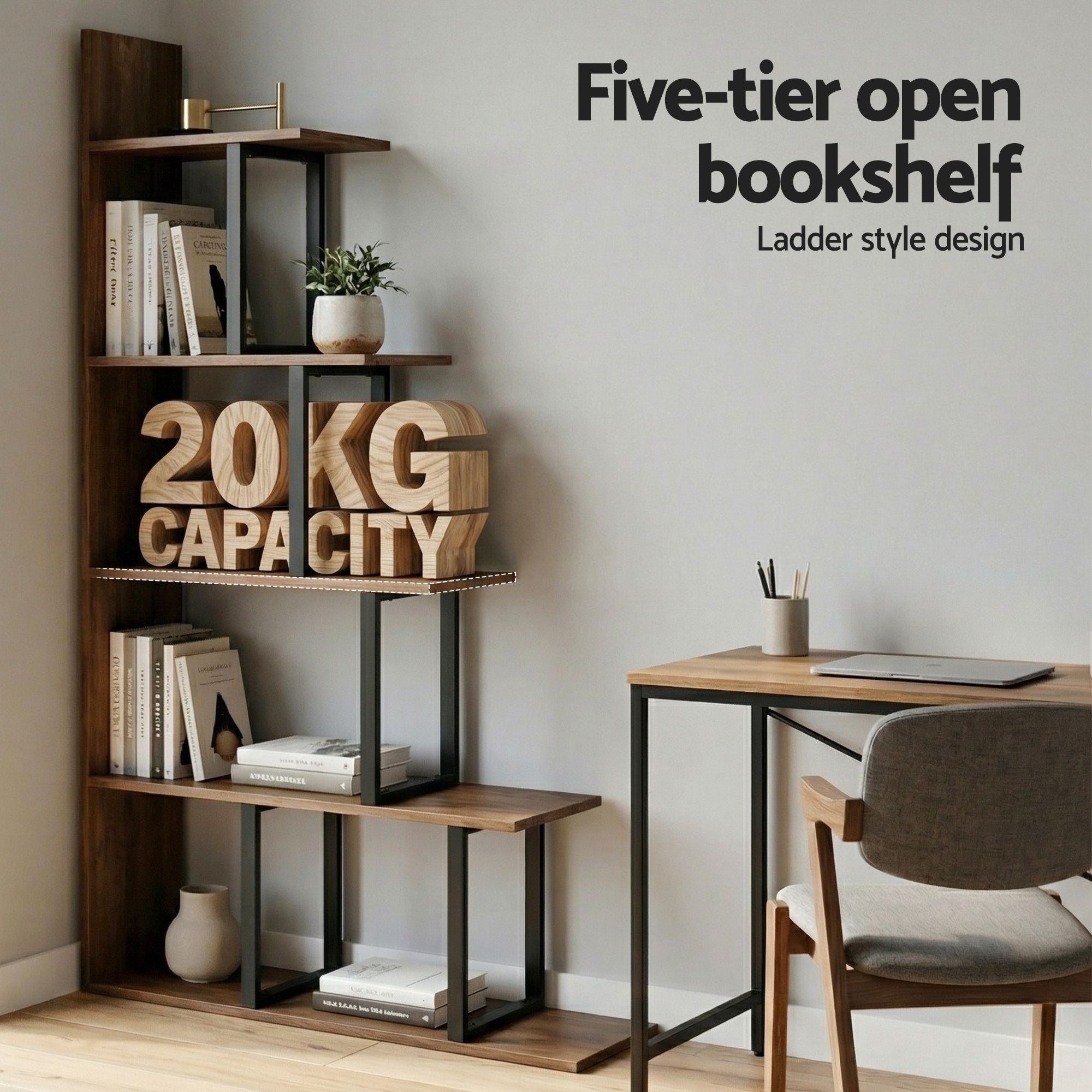 Artiss 5 Tiers Bookshelf Ladder Corner Shelf Bookcase Walnut FUR-T-LSHLEF-5T-WD