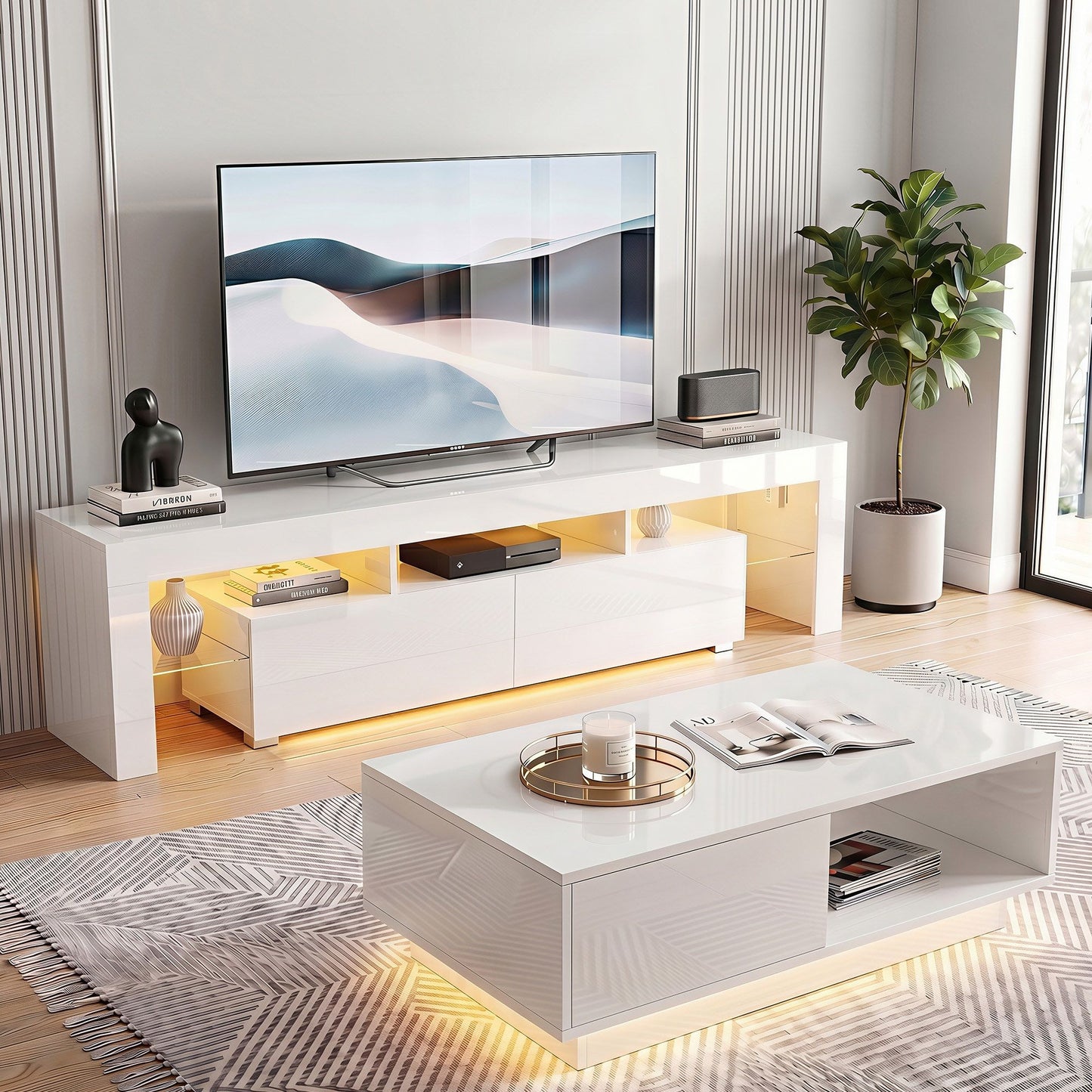 Artiss LED TV Unit & Coffee Table Set Storage Cabinet White FUR-TV-COF-LED-WH