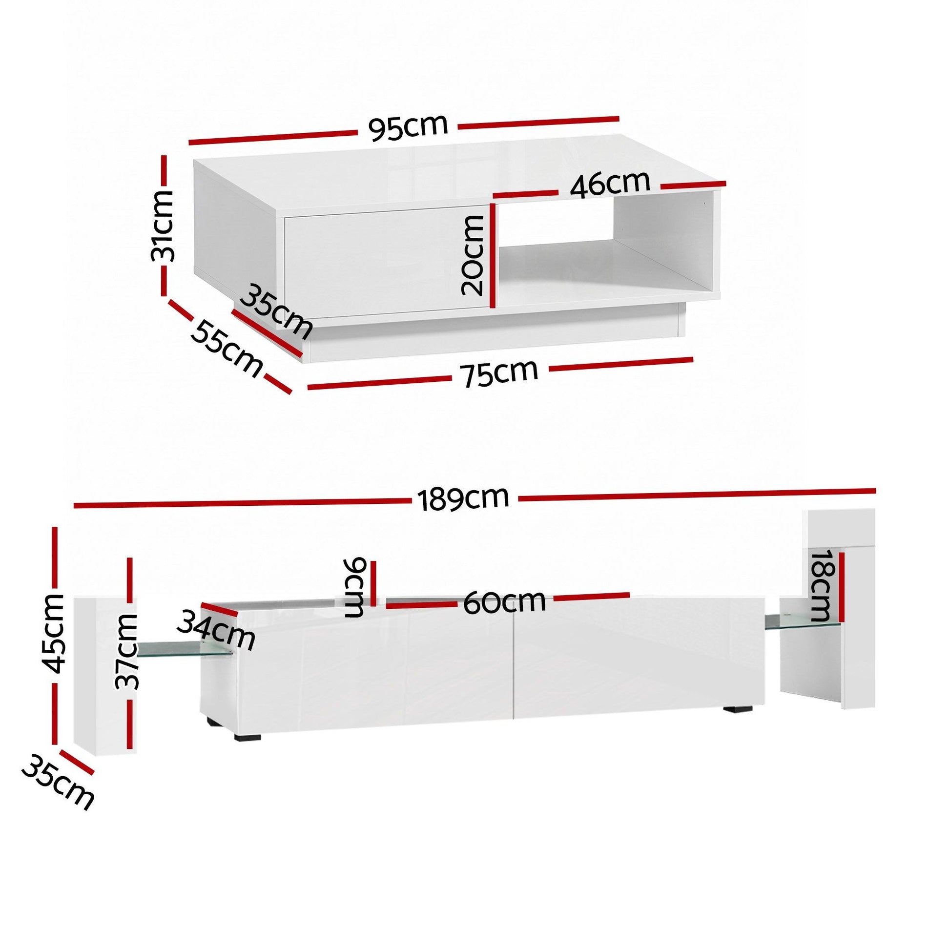 Artiss LED TV Unit & Coffee Table Set Storage Cabinet White FUR-TV-COF-LED-WH