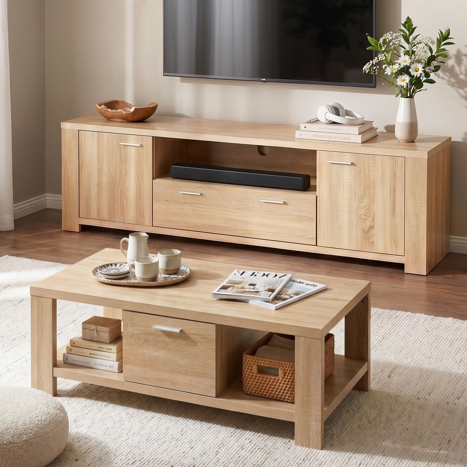 Artiss TV Unit & Coffee Table Set Storage Drawer Pine FUR-TV-COF02-WD