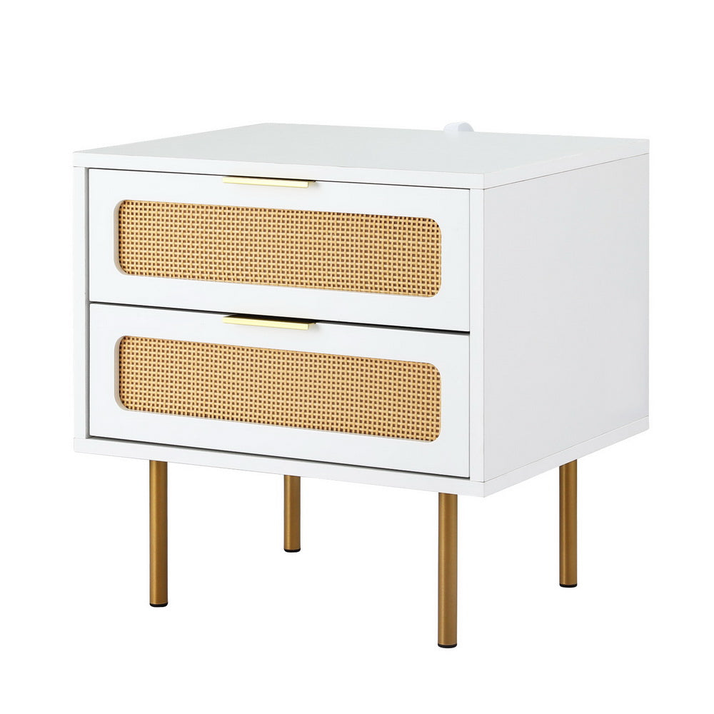 Artiss Rattan Bedside Table 2 Drawers Pine FUR-U-BS-03-RAT-WH