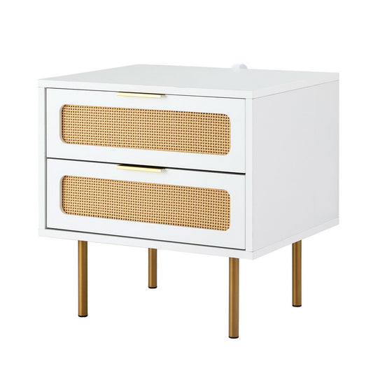 Artiss Rattan Bedside Table 2 Drawers Pine FUR-U-BS-03-RAT-WH