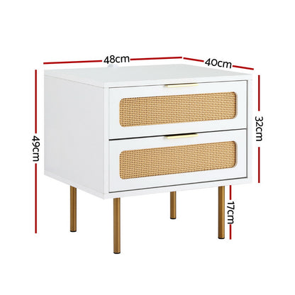 Artiss Rattan Bedside Table 2 Drawers Pine FUR-U-BS-03-RAT-WH