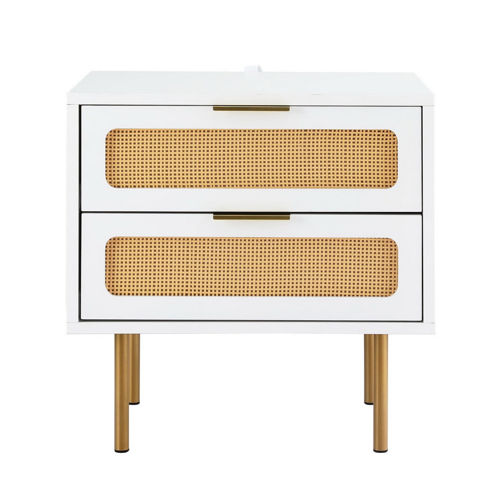 Artiss Rattan Bedside Table 2 Drawers Pine FUR-U-BS-03-RAT-WH