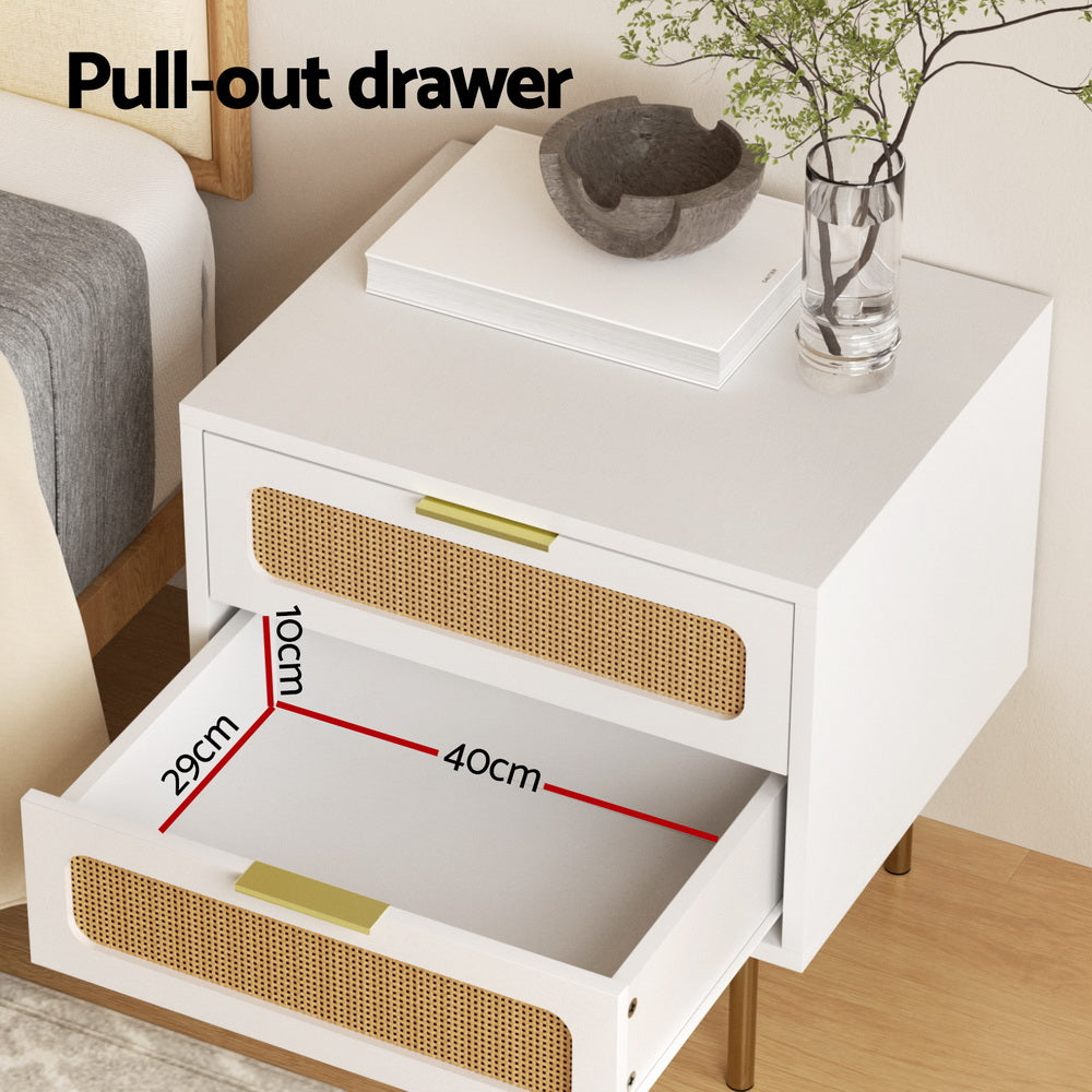 Artiss Rattan Bedside Table 2 Drawers Pine FUR-U-BS-03-RAT-WH