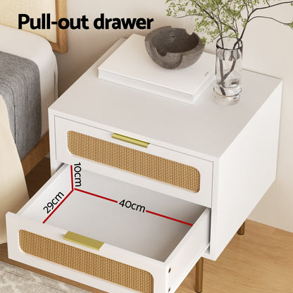 Artiss Rattan Bedside Table 2 Drawers Pine FUR-U-BS-03-RAT-WH