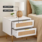 Artiss Rattan Bedside Table 2 Drawers Pine FUR-U-BS-03-RAT-WH