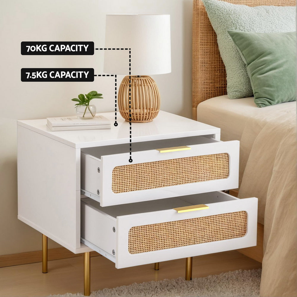 Artiss Rattan Bedside Table 2 Drawers Pine FUR-U-BS-03-RAT-WH