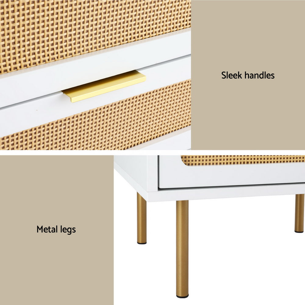 Artiss Rattan Bedside Table 2 Drawers Pine FUR-U-BS-03-RAT-WH