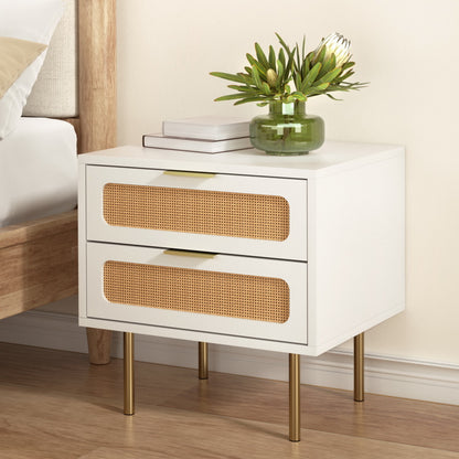 Artiss Rattan Bedside Table 2 Drawers Pine FUR-U-BS-03-RAT-WH