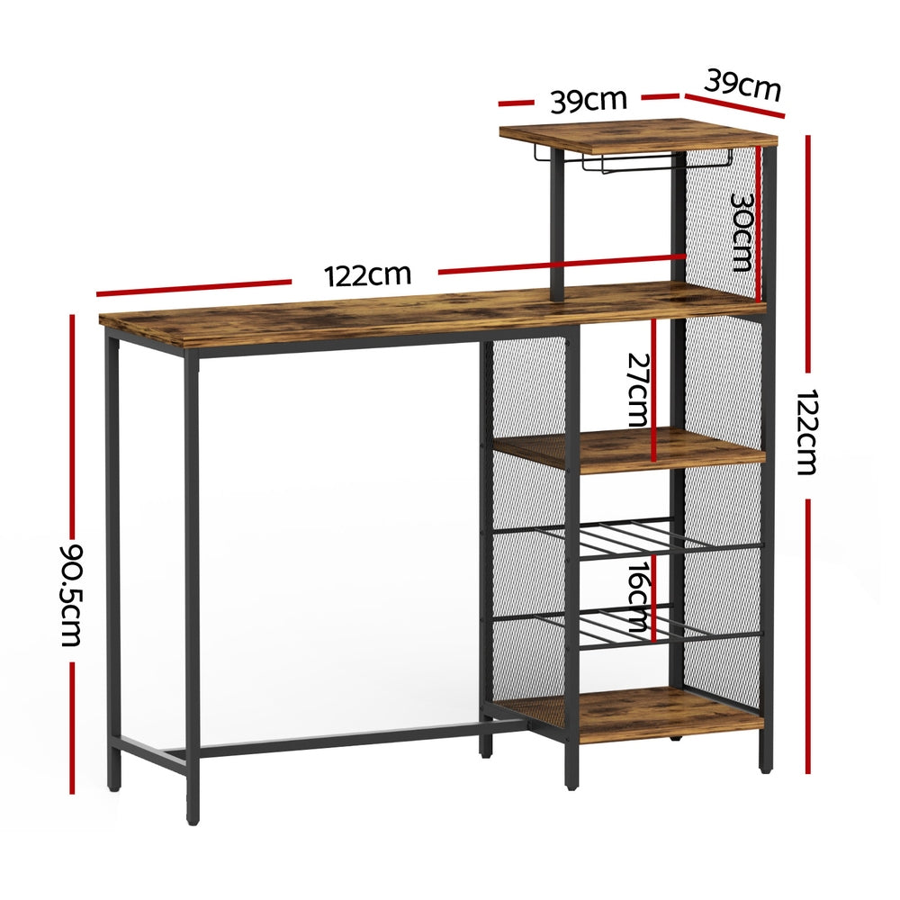 Artiss Industrial Bar Table with Wine Rack Cup Holder Multi-Level Storage 122cm Walnut FUR-U-BTAB-4786-WAL