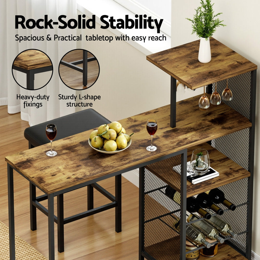 Artiss Industrial Bar Table with Wine Rack Cup Holder Multi-Level Storage 122cm Walnut FUR-U-BTAB-4786-WAL