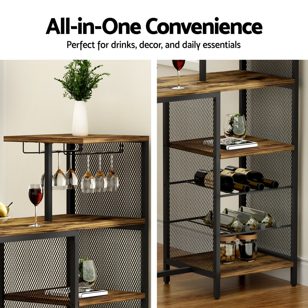 Artiss Industrial Bar Table with Wine Rack Cup Holder Multi-Level Storage 122cm Walnut FUR-U-BTAB-4786-WAL