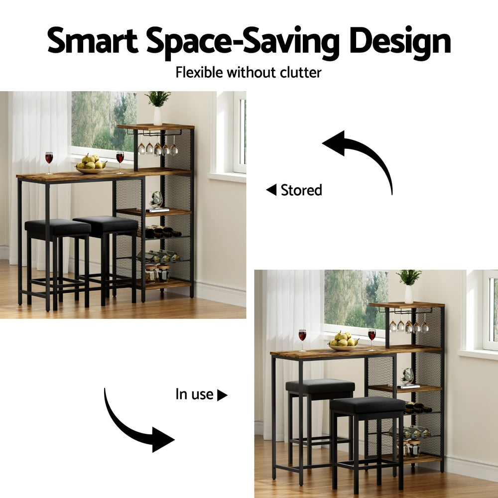 Artiss Industrial Bar Table with Wine Rack Cup Holder Multi-Level Storage 122cm Walnut FUR-U-BTAB-4786-WAL