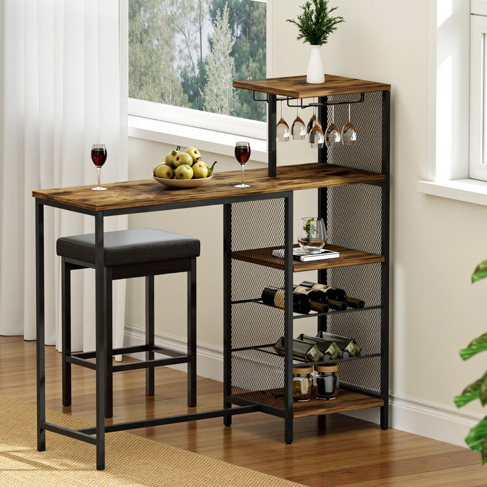 Artiss Industrial Bar Table with Wine Rack Cup Holder Multi-Level Storage 122cm Walnut FUR-U-BTAB-4786-WAL