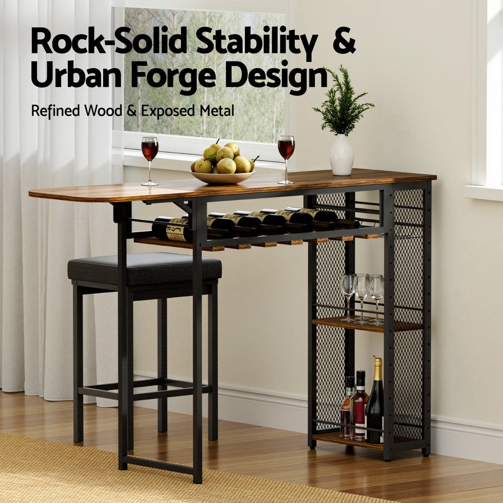 Artiss Industrial Bar Table with Wine Rack Built-in Cup Holder Extendable 140cm FUR-U-BTAB-4787-WAL