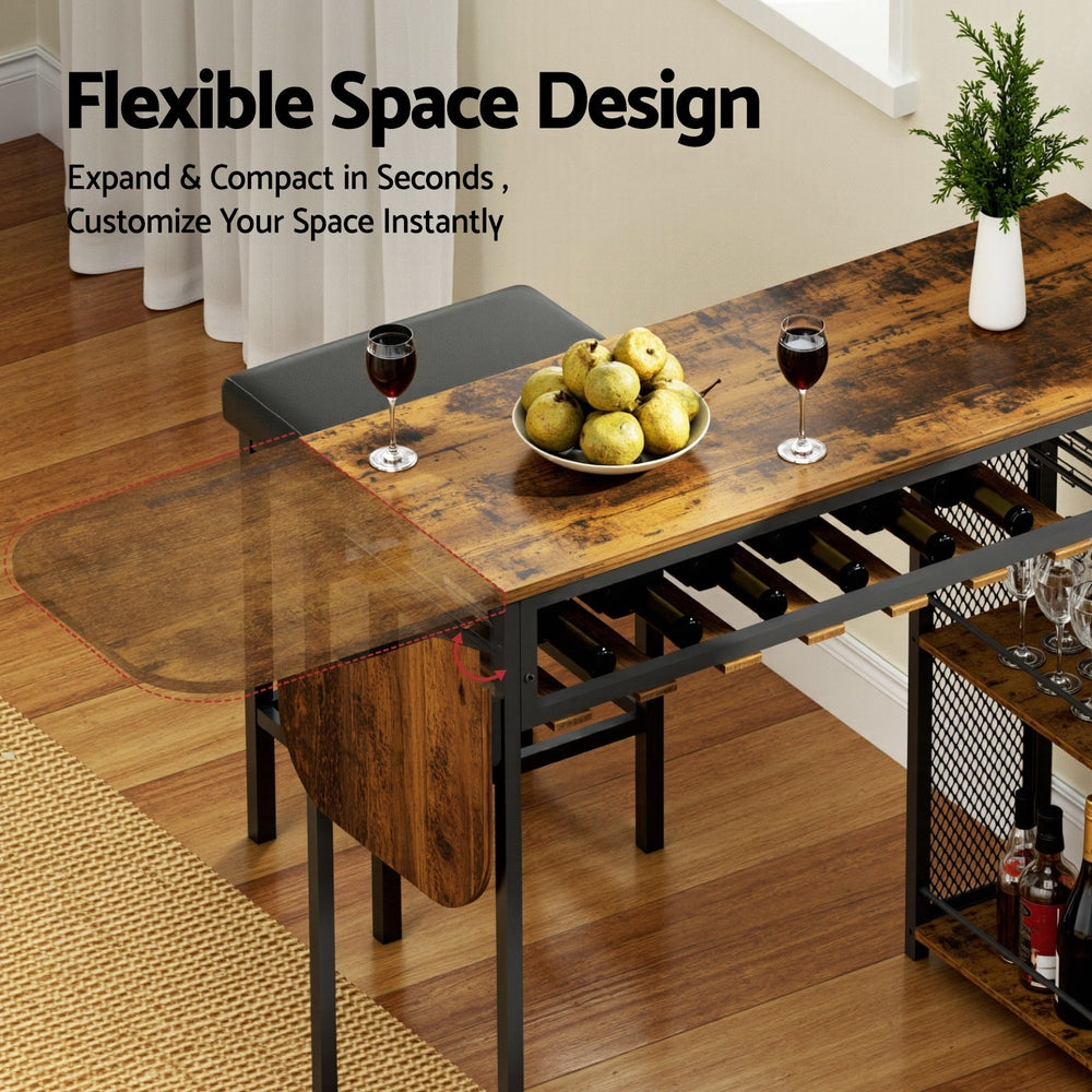 Artiss Industrial Bar Table with Wine Rack Built-in Cup Holder Extendable 140cm FUR-U-BTAB-4787-WAL