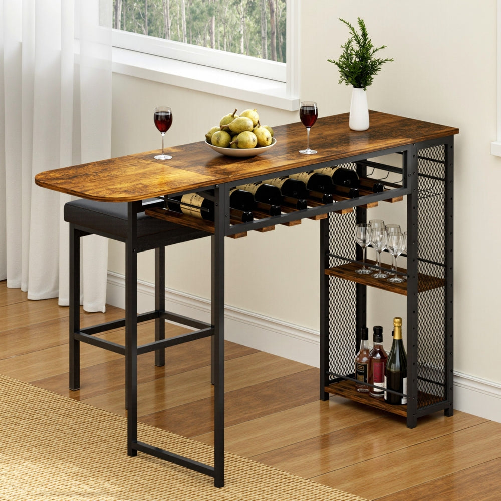 Artiss Industrial Bar Table with Wine Rack Built-in Cup Holder Extendable 140cm FUR-U-BTAB-4787-WAL