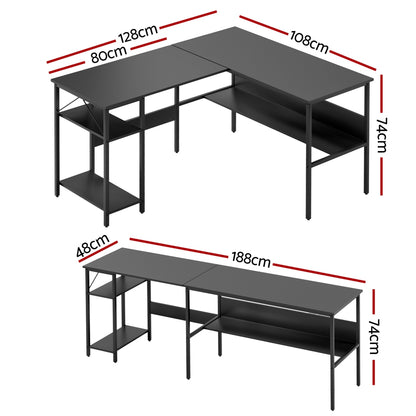 Artiss Computer Desk L shape Home Office Study Table Desks Open Shelf Black FUR-U-CD-MET130-BK
