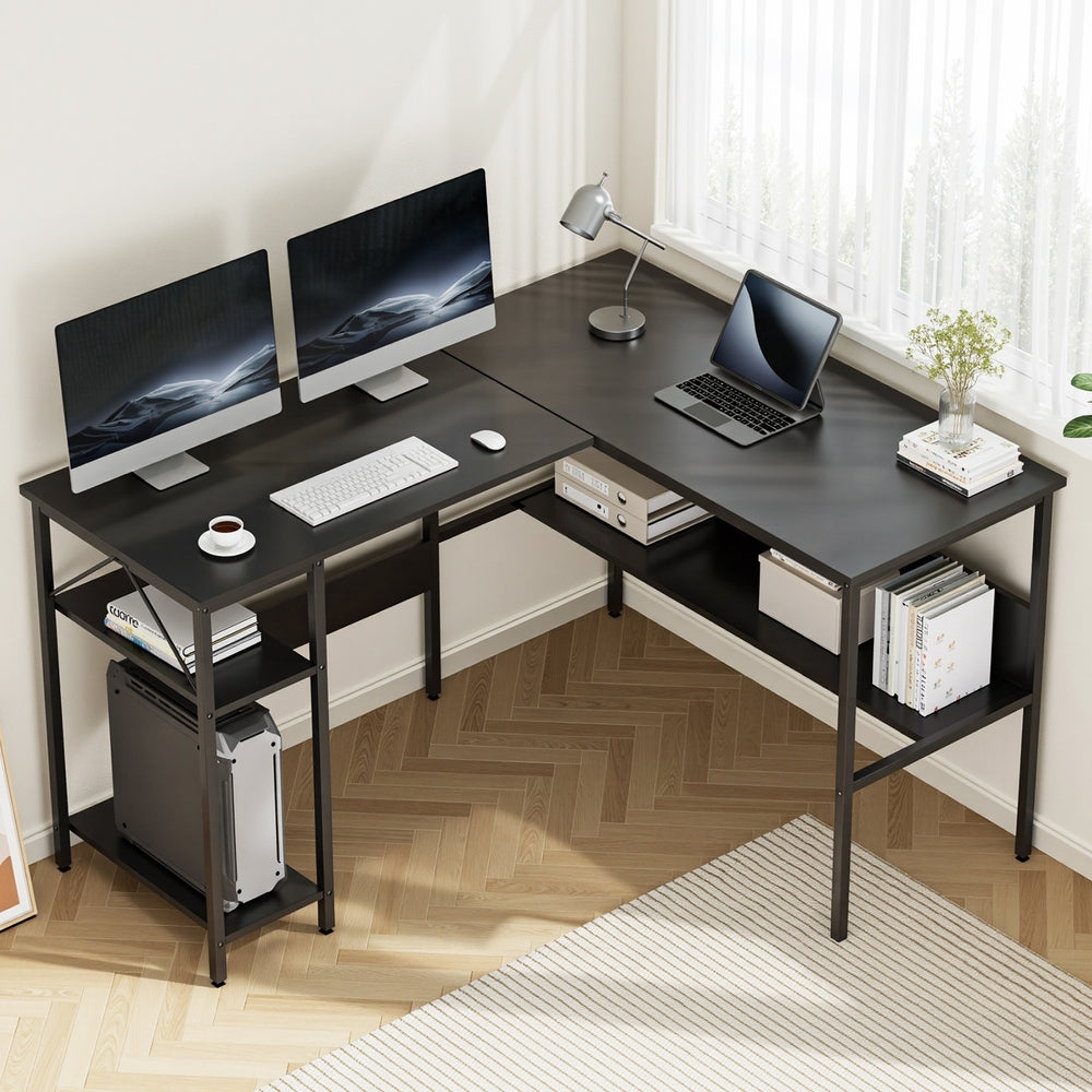 Artiss Computer Desk L shape Home Office Study Table Desks Open Shelf Black FUR-U-CD-MET130-BK