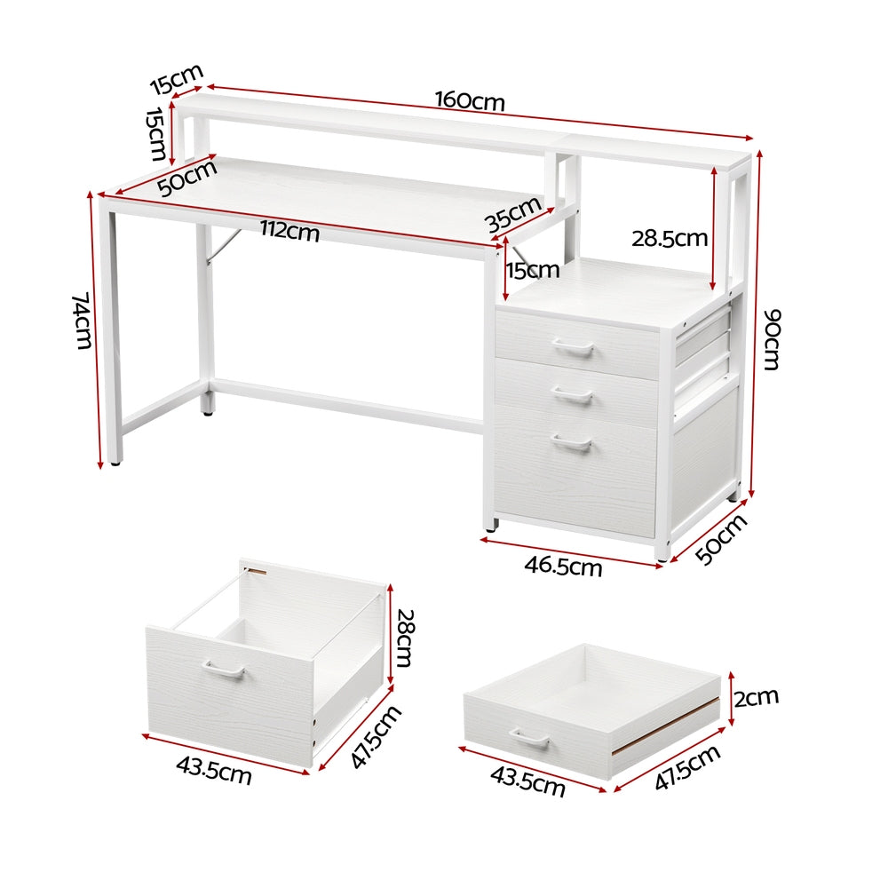 Artiss Computer Desk Home Office Study Table Desks w/Drawers Open Shelf White 160CM FUR-U-CD-MET160-WH-AB