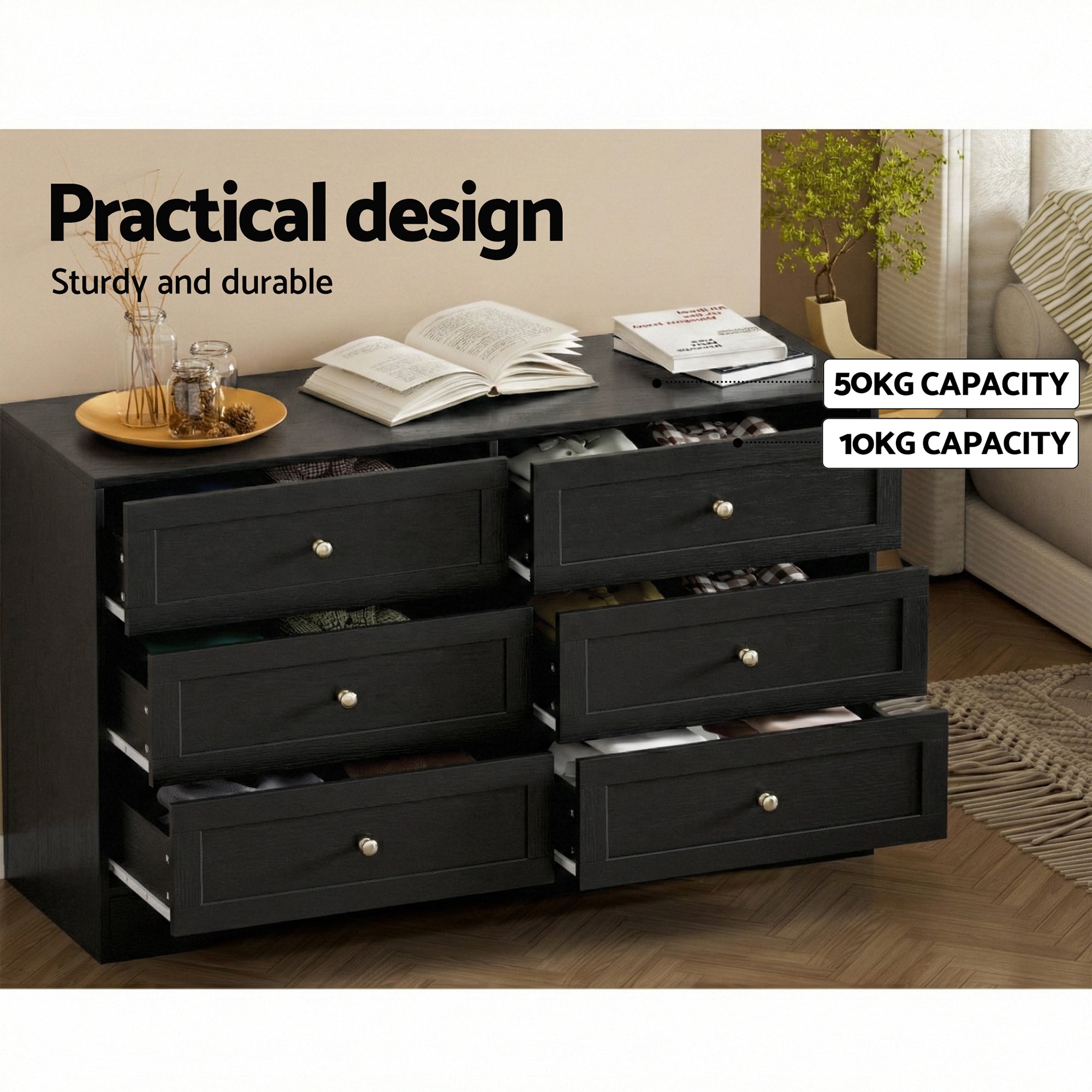 Artiss 6 Chest of Drawers Tallboy Cabinet - LEIF Black FUR-U-CDR-6D-BK-AB