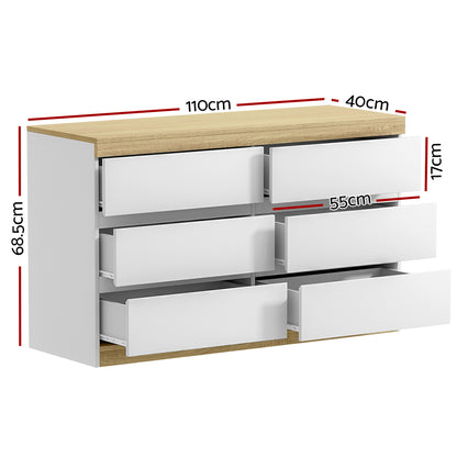 Artiss 6 Chest of Drawers Cabinet Dresser Table Tallboy Storage Bedroom White FUR-U-CDR-6D-WHWD-AB