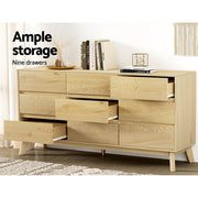 Artiss 9 Chest of Drawers Tallboy Cabinet - XAVI Pine FUR-U-CDR-9D-WD-ABC