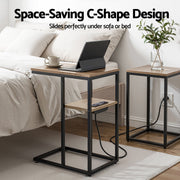 Artiss C-Shaped End Table Charging Station 2-Tier Side Coffee Table Bedside Wood FUR-U-COF-09-WD