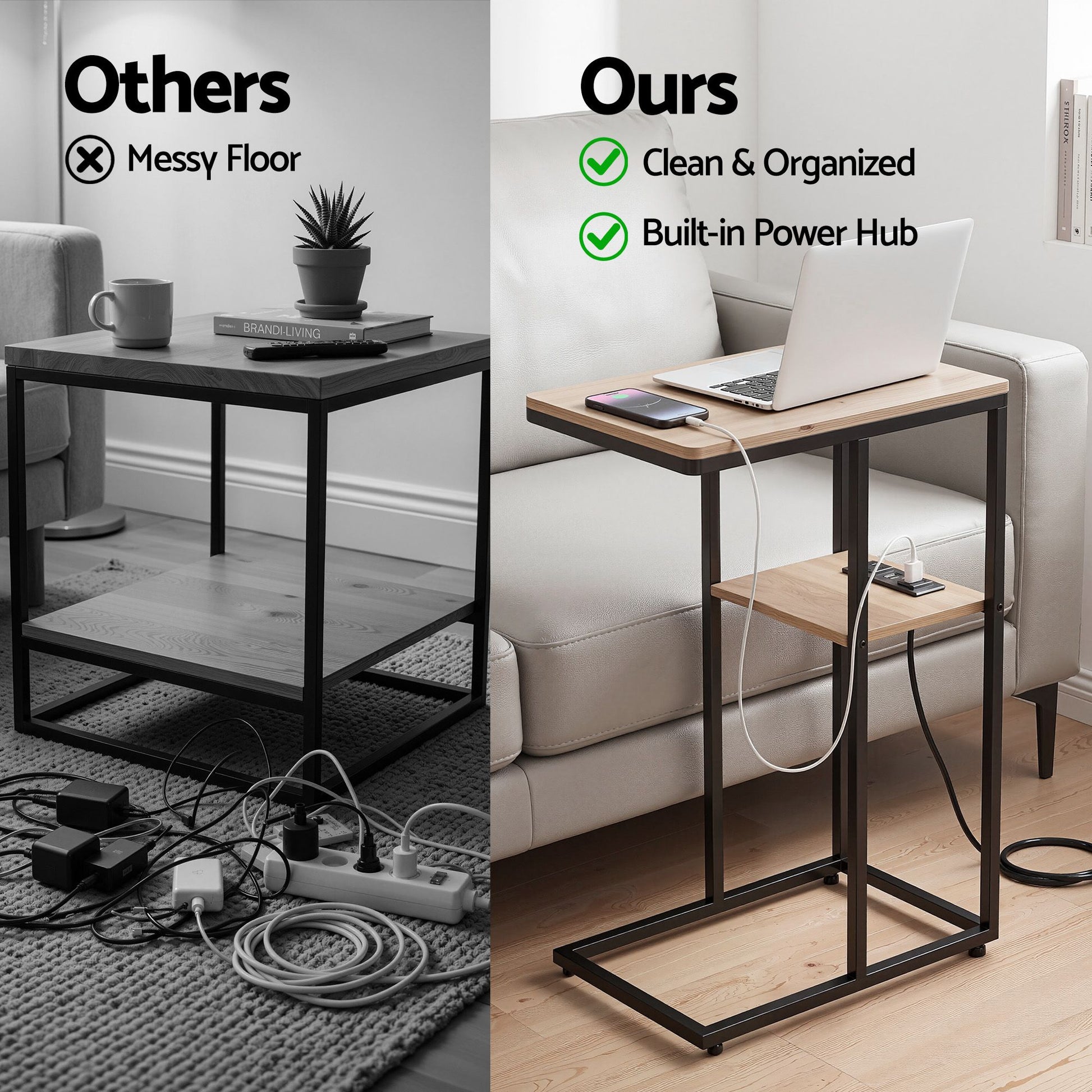 Artiss C-Shaped End Table Charging Station 2-Tier Side Coffee Table Bedside Wood FUR-U-COF-09-WD
