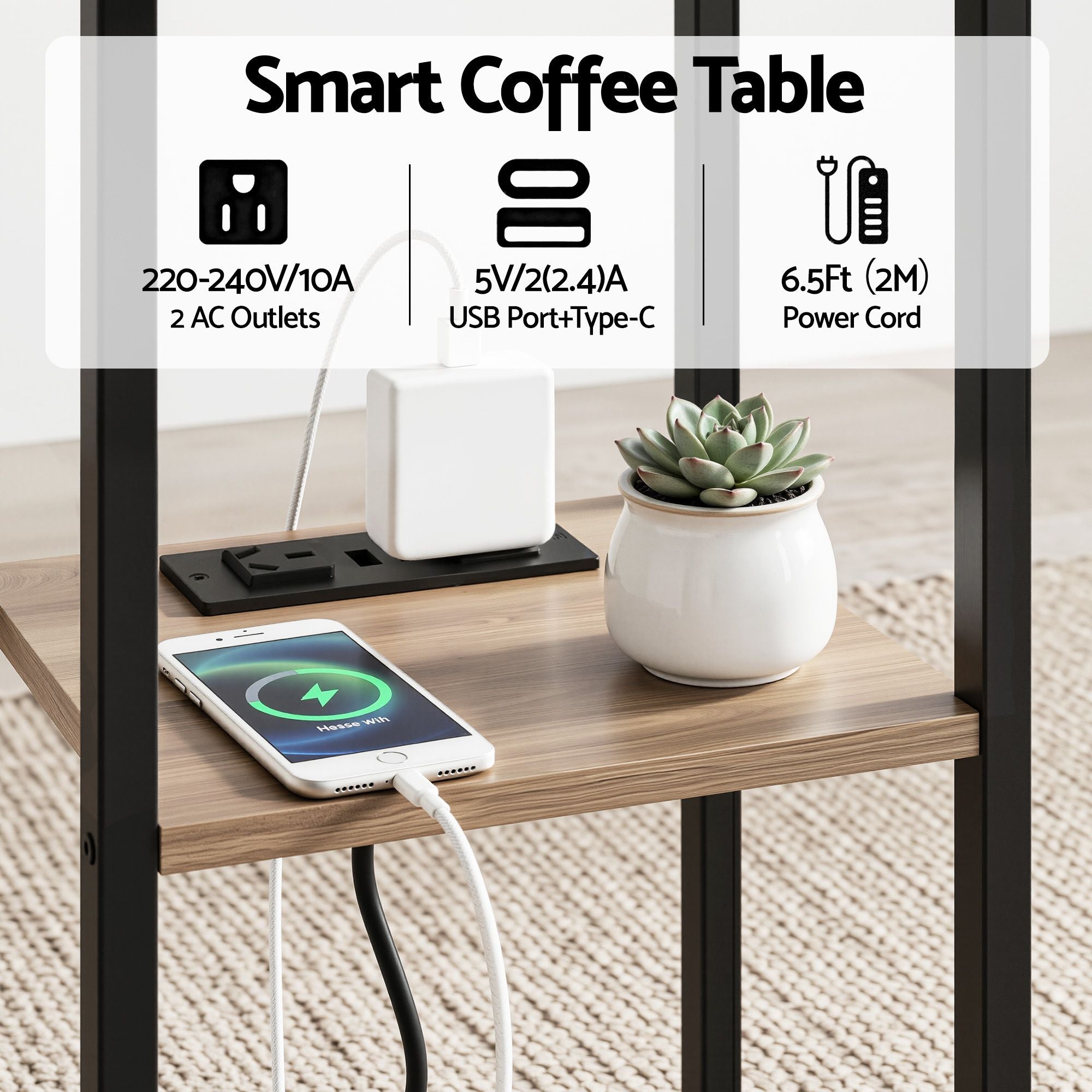 Artiss C-Shaped End Table Charging Station 2-Tier Side Coffee Table Bedside Wood FUR-U-COF-09-WD