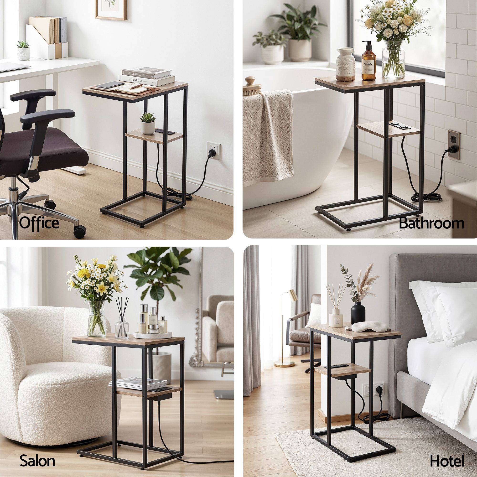 Artiss C-Shaped End Table Charging Station 2-Tier Side Coffee Table Bedside Wood FUR-U-COF-09-WD
