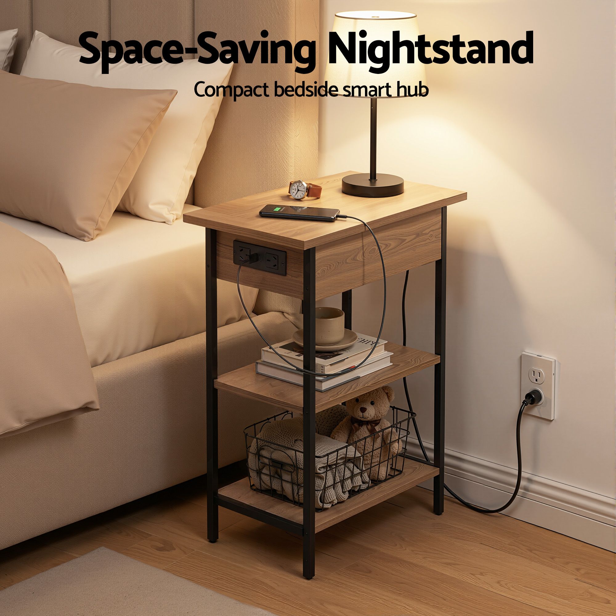 Artiss Coffee Table Side Bedside End Table Charging Station Flip-Top Storage 60cm Wood FUR-U-COF-10-WD