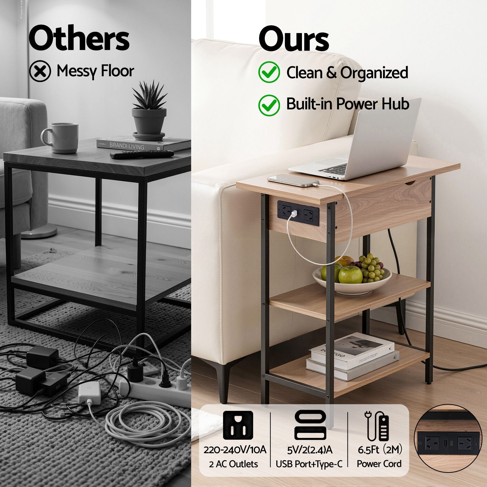 Artiss Coffee Table Side Bedside End Table Charging Station Flip-Top Storage 60cm Wood FUR-U-COF-10-WD
