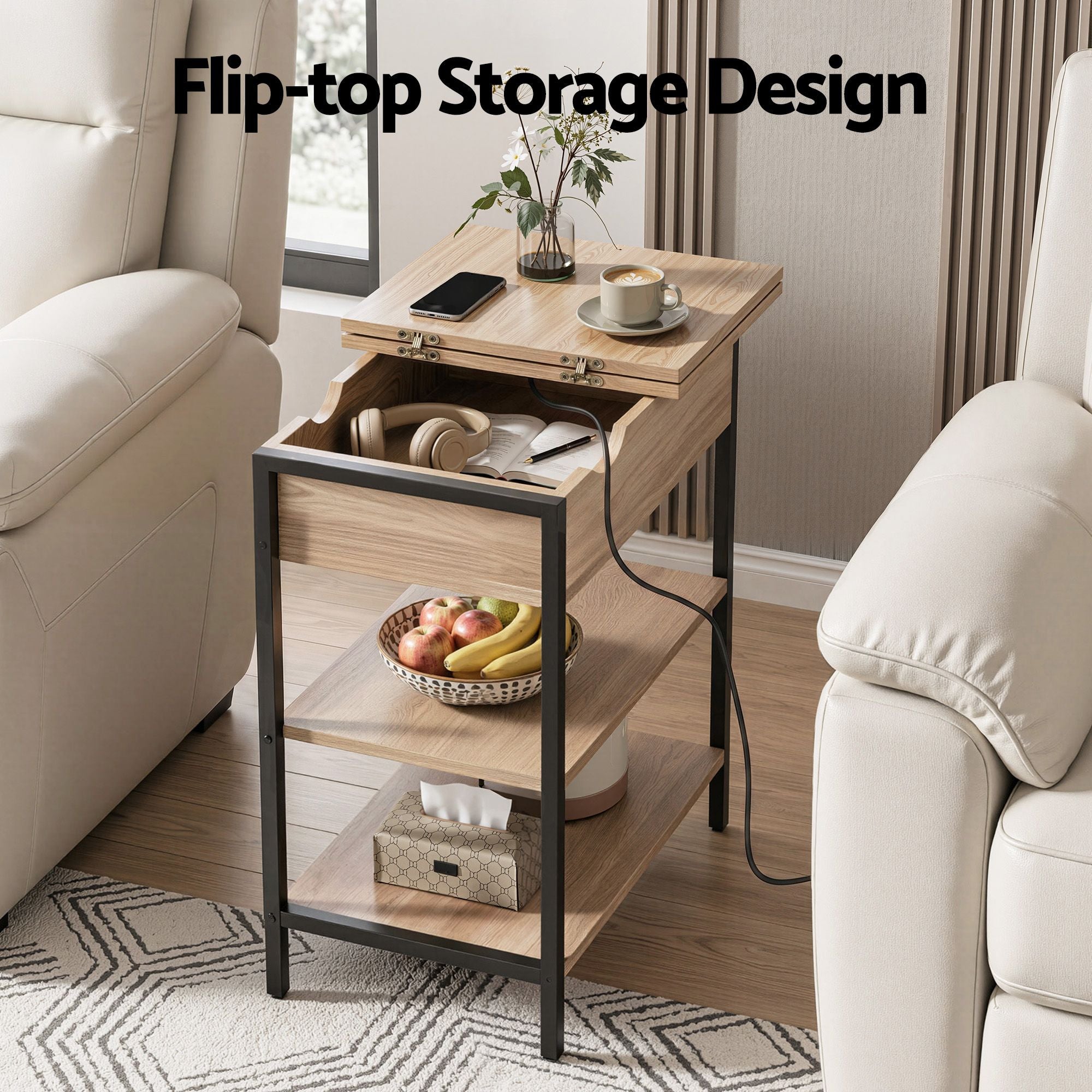Artiss Coffee Table Side Bedside End Table Charging Station Flip-Top Storage 60cm Wood FUR-U-COF-10-WD
