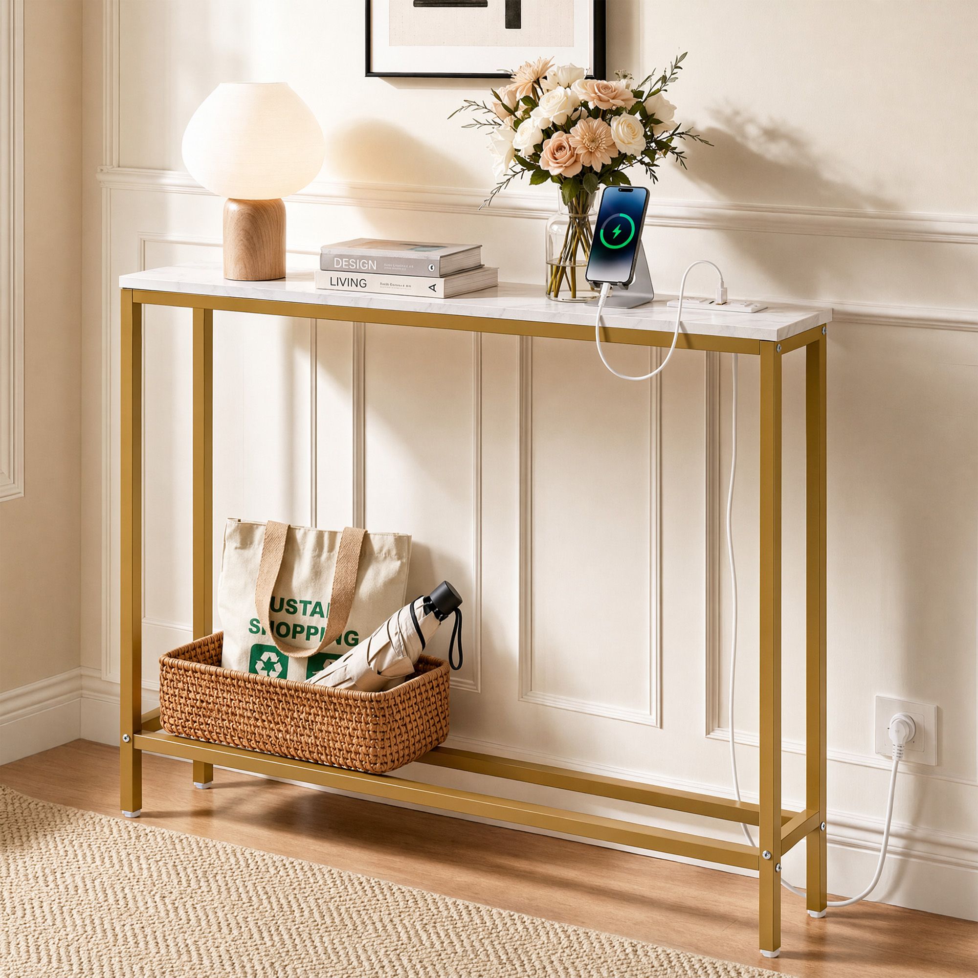 Artiss Console Table Entryway Hallway Display Desk Charging Station Marble Finish White & Gold FUR-U-CST-05-WH