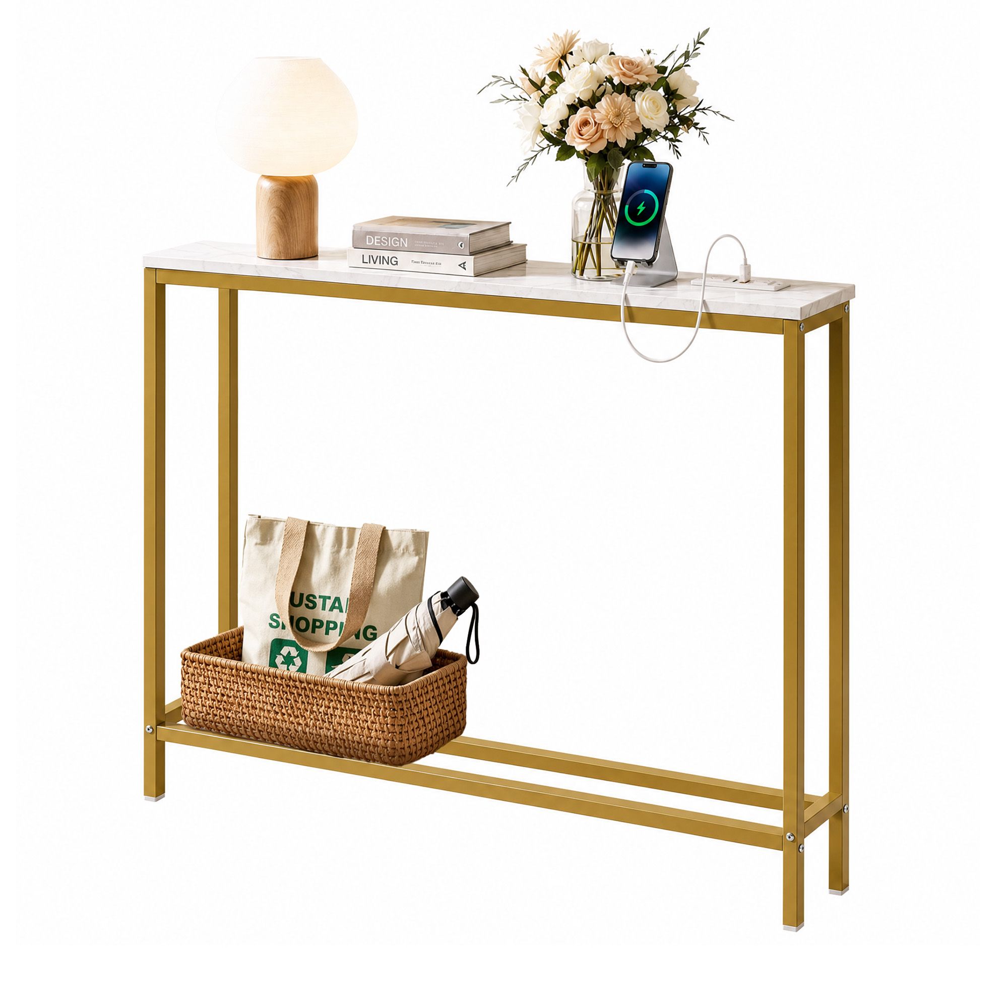 Artiss Console Table Entryway Hallway Display Desk Charging Station Marble Finish White & Gold FUR-U-CST-05-WH