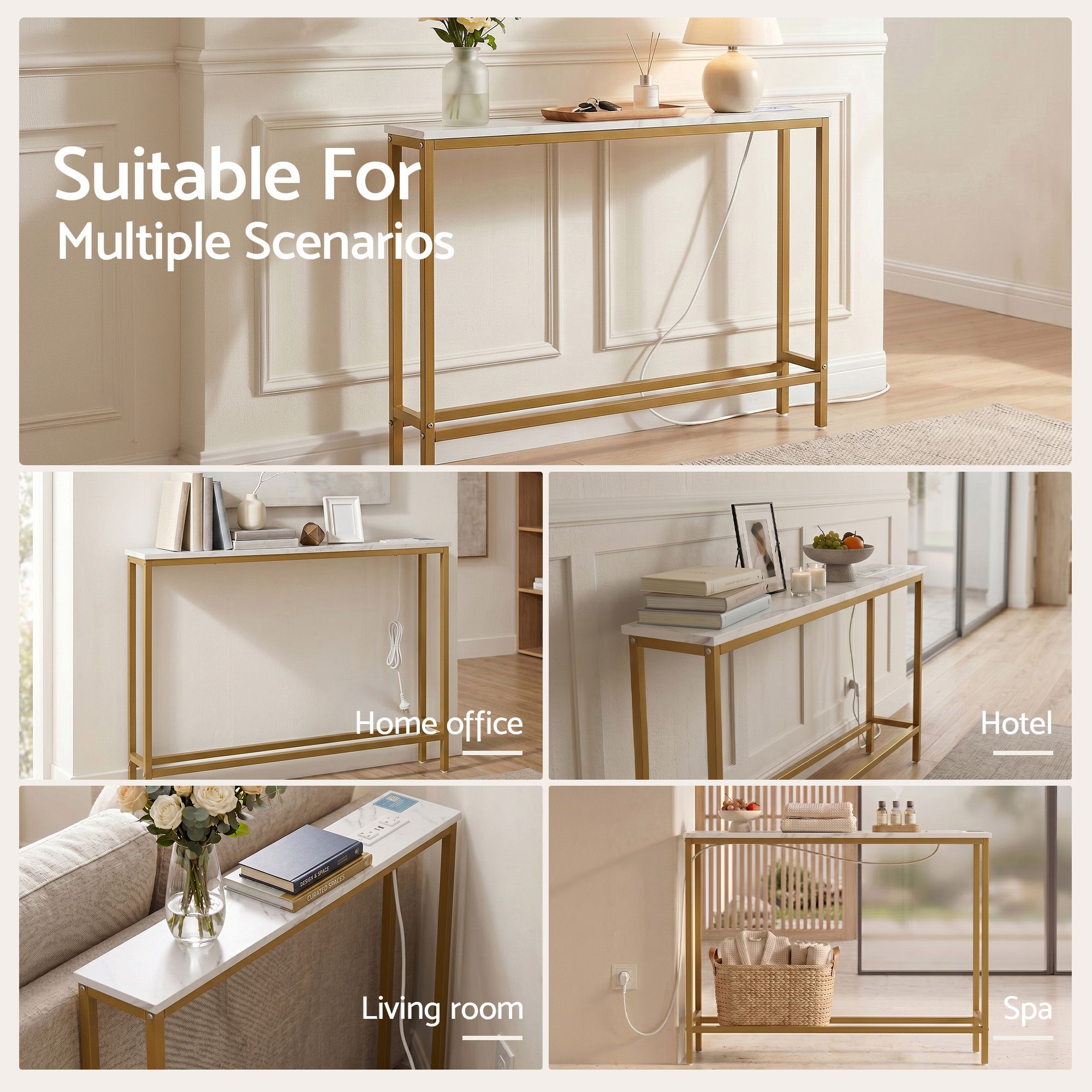 Artiss Console Table Entryway Hallway Display Desk Charging Station Marble Finish White & Gold FUR-U-CST-05-WH