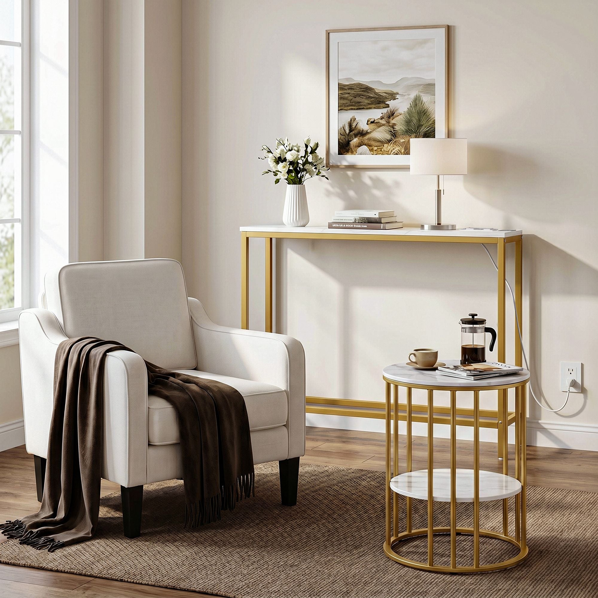 Artiss Console Table Entryway Hallway Display Desk Charging Station Marble Finish White & Gold FUR-U-CST-05-WH