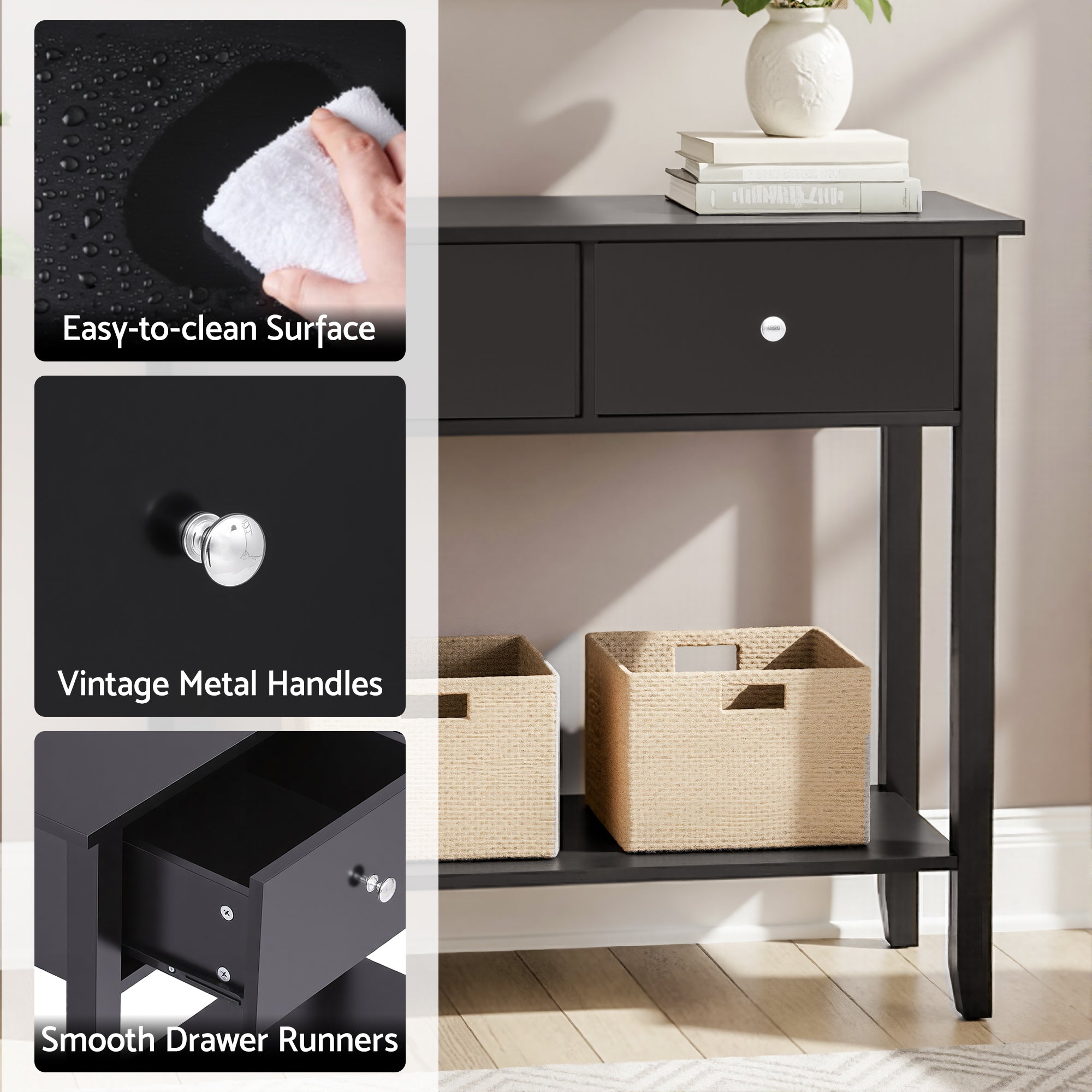 Artiss Console Table Hallway Sofa Entryway Entrance 2 Drawers 80CM Black FUR-U-HS-2D1S-BK