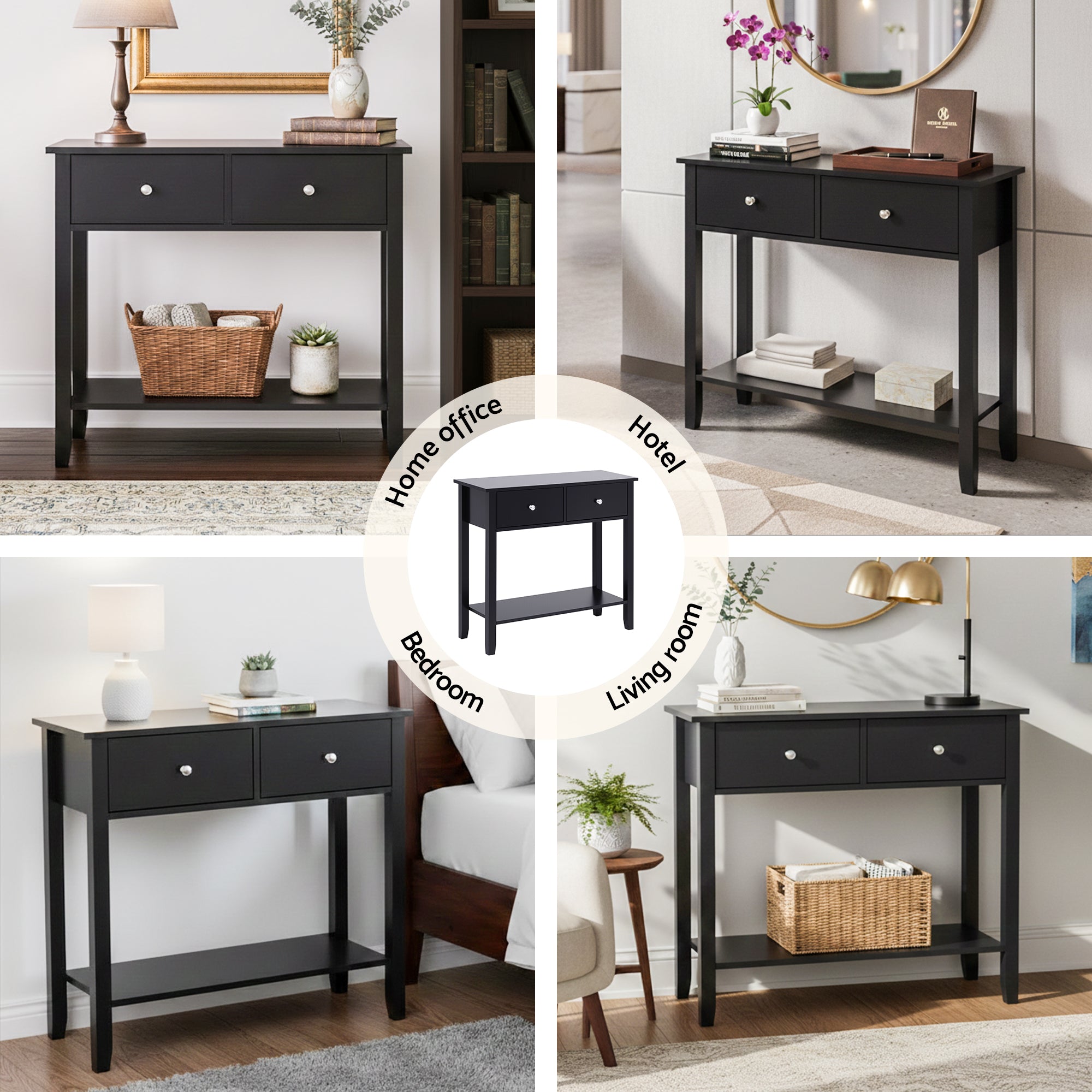 Artiss Console Table Hallway Sofa Entryway Entrance 2 Drawers 80CM Black FUR-U-HS-2D1S-BK