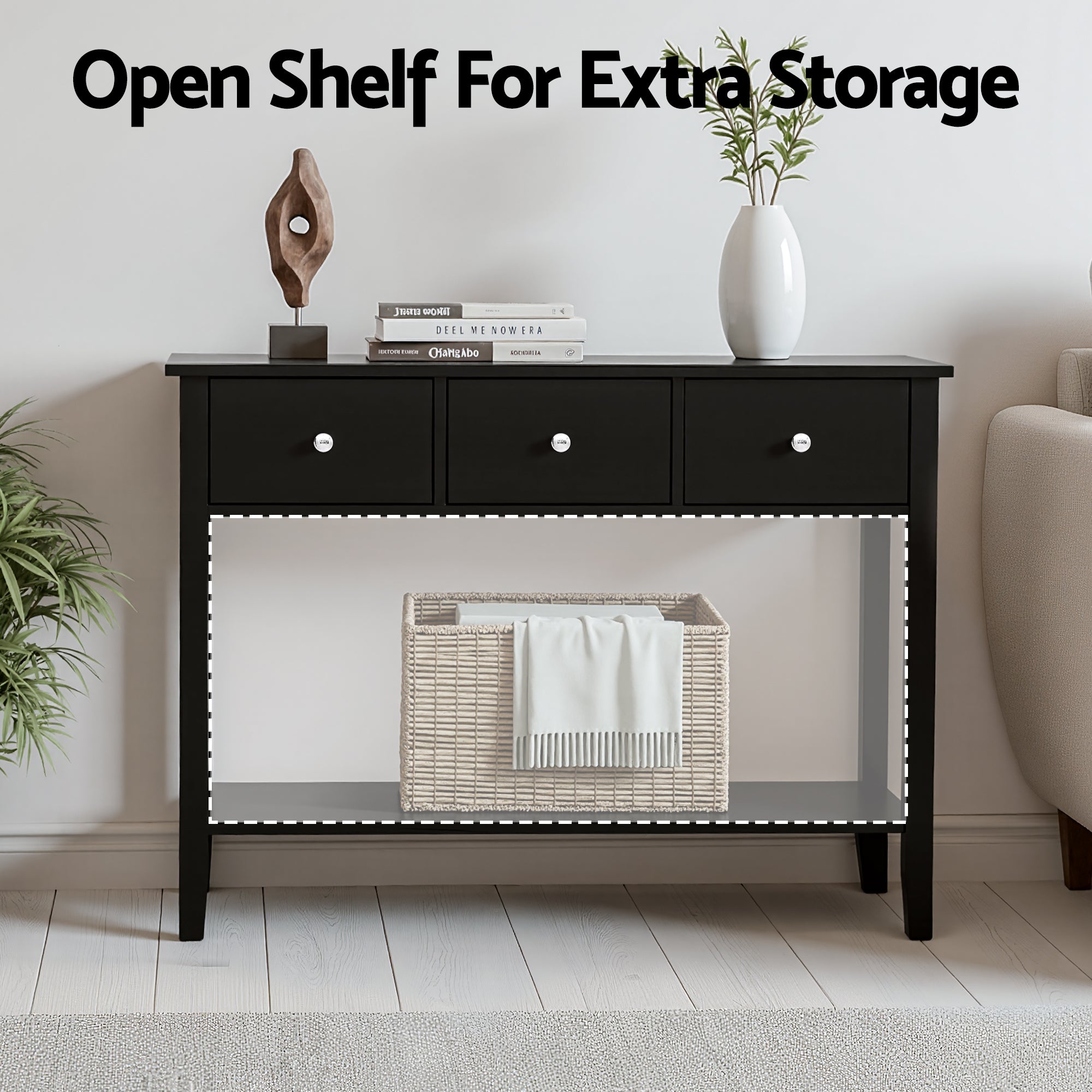 Artiss Console Table Hallway Sofa Entryway Entrance 3 Drawers 100CM Black FUR-U-HS-3D1S-BK