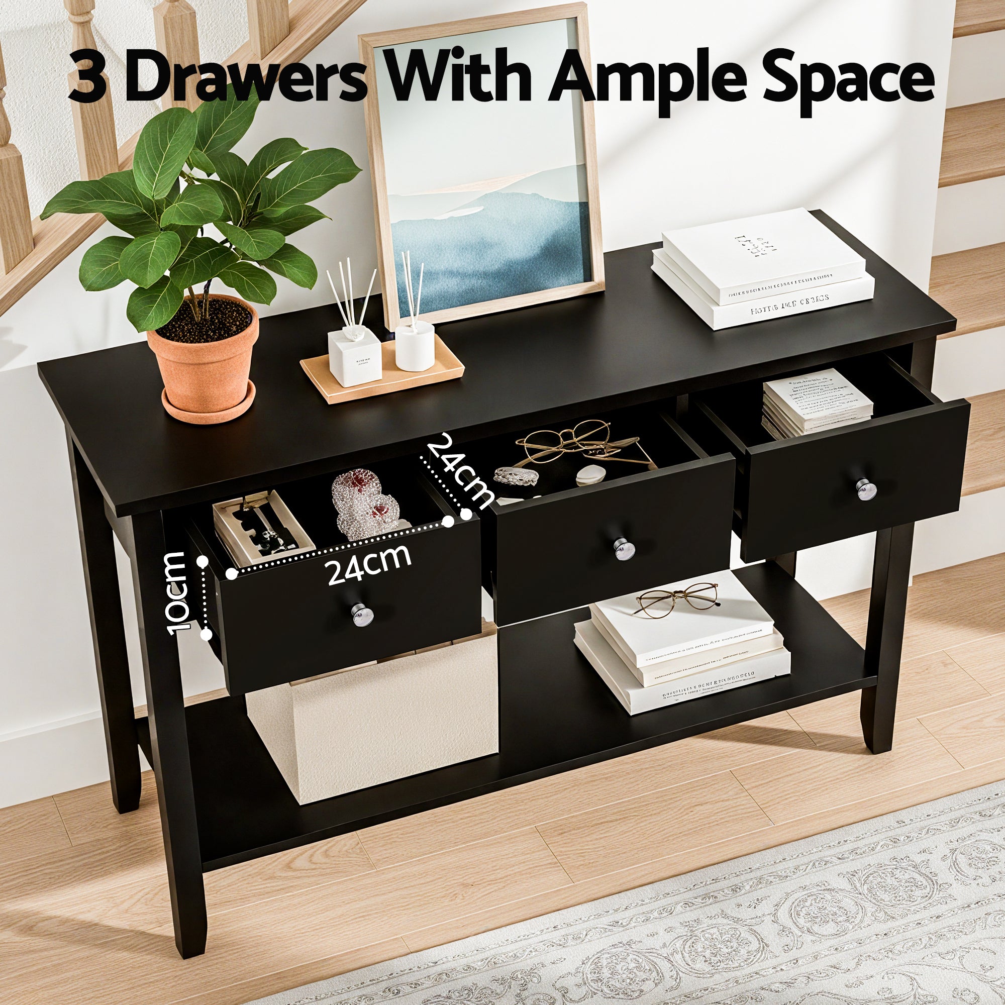 Artiss Console Table Hallway Sofa Entryway Entrance 3 Drawers 100CM Black FUR-U-HS-3D1S-BK