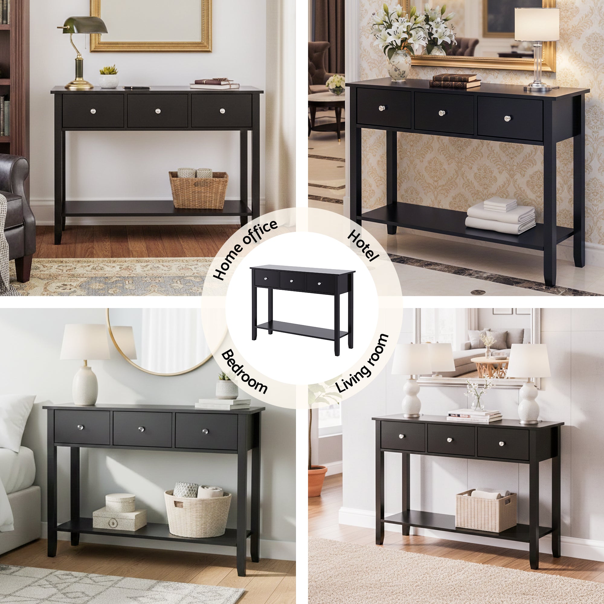Artiss Console Table Hallway Sofa Entryway Entrance 3 Drawers 100CM Black FUR-U-HS-3D1S-BK
